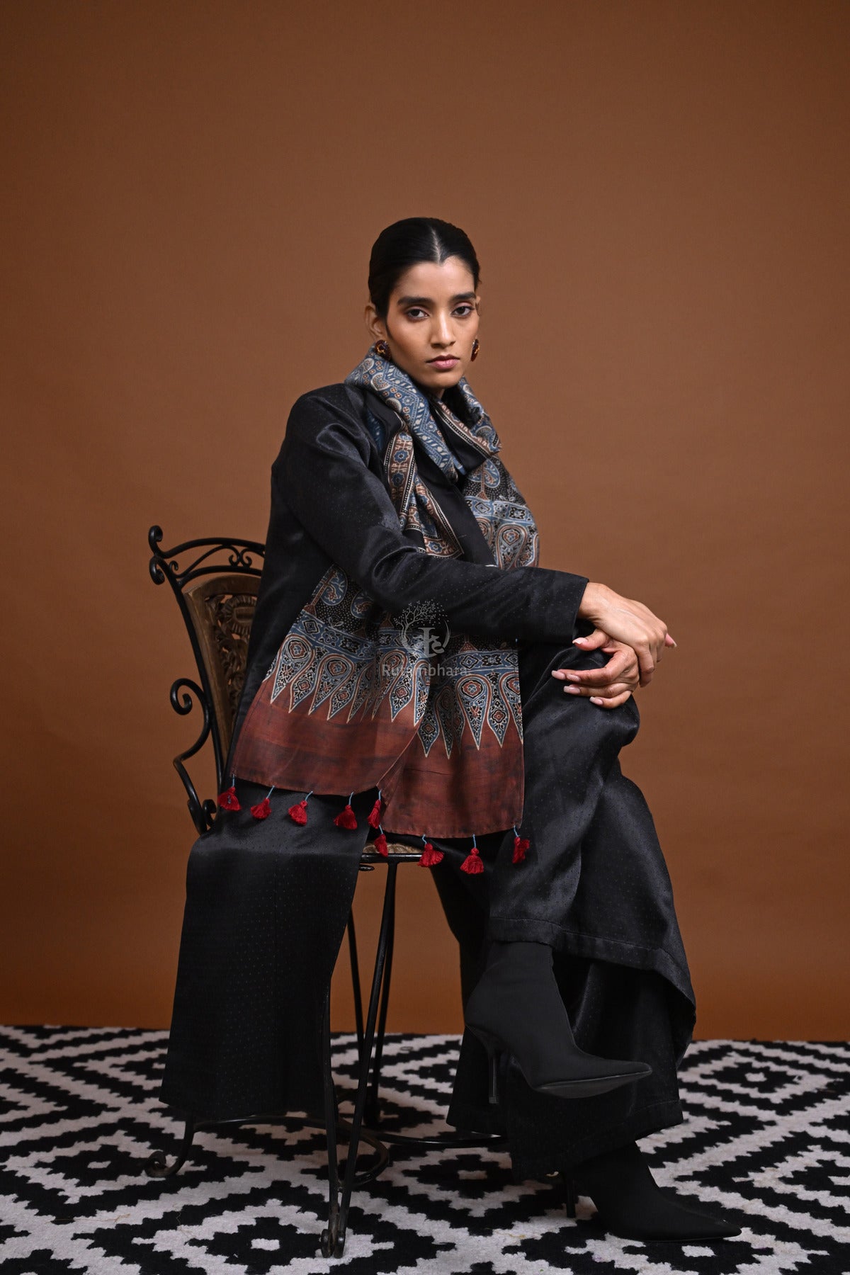 Ushraa - Blue Handblock printed Ajrakh Chanderi Stole-Rutambhara-RUTAMBHARA