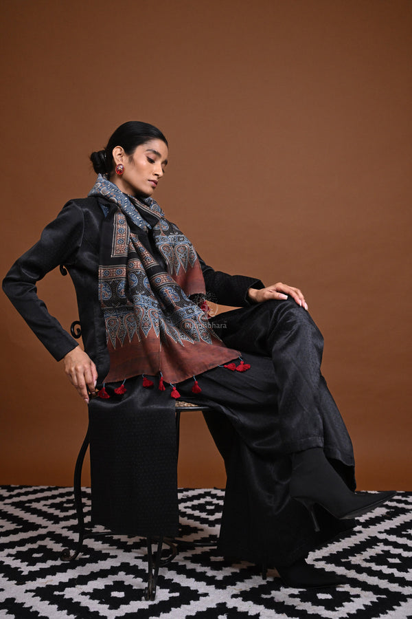 Ushraa - Blue Handblock printed Ajrakh Chanderi Stole-Rutambhara-RUTAMBHARA