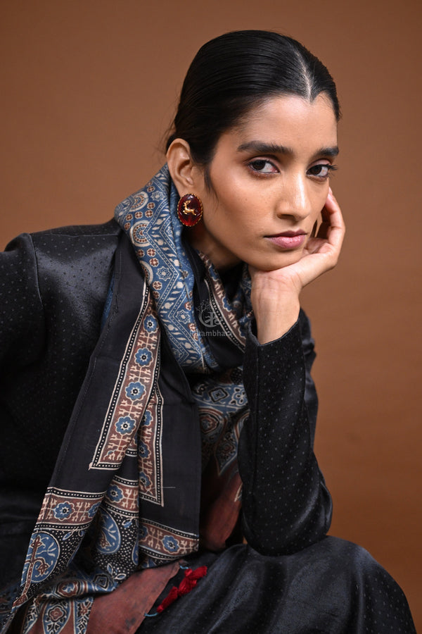 Ushraa - Blue Handblock printed Ajrakh Chanderi Stole-Rutambhara-RUTAMBHARA