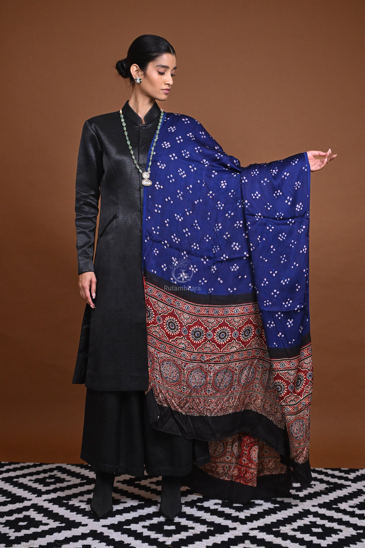 Rakbaa - Ink Blue Ajrakh Bandhej dupatta in Modal silk