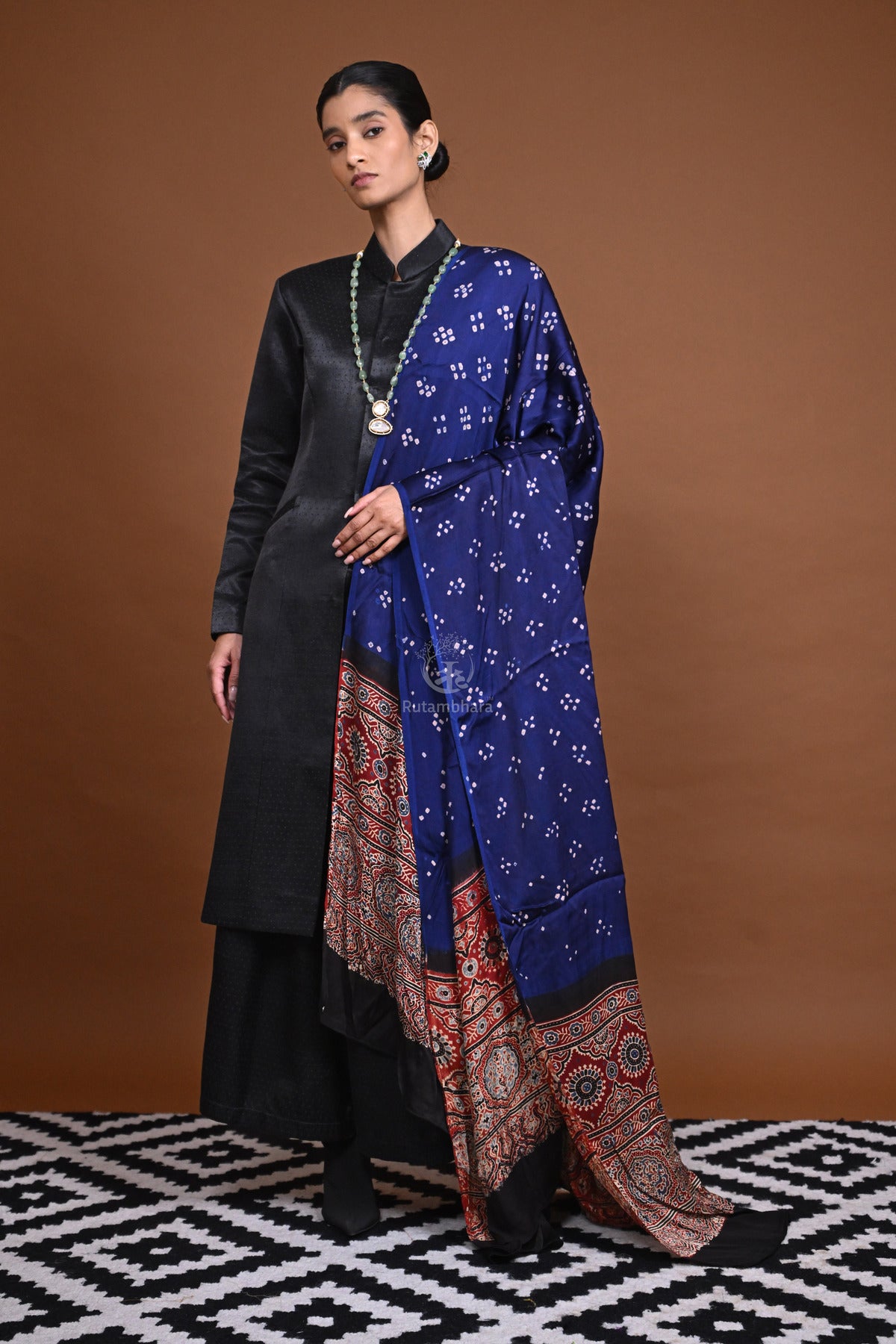 Rakbaa - Ink Blue Ajrakh Bandhej dupatta in Modal silk