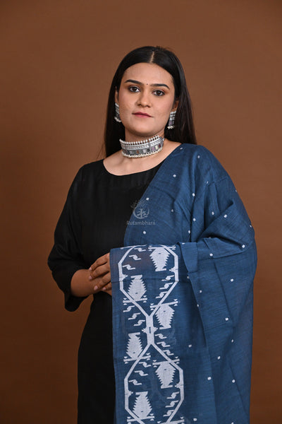 Handwoven Jamdani Cotton Dupatta-Rutambhara-RUTAMBHARA