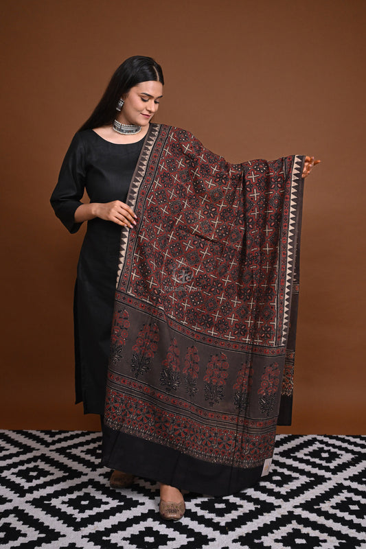 Ushraa - Brown Handblock printed  Cotton Ajrakh Dupatta
