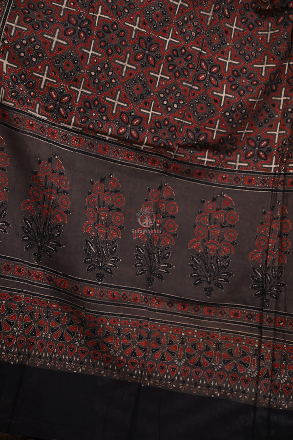 Ushraa - Brown Handblock printed Cotton Ajrakh Dupatta-Rutambhara-RUTAMBHARA