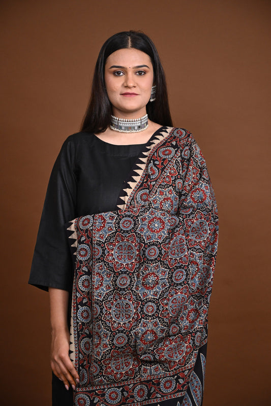 Ushraa - Black Handblock printed  Cotton Ajrakh Dupatta