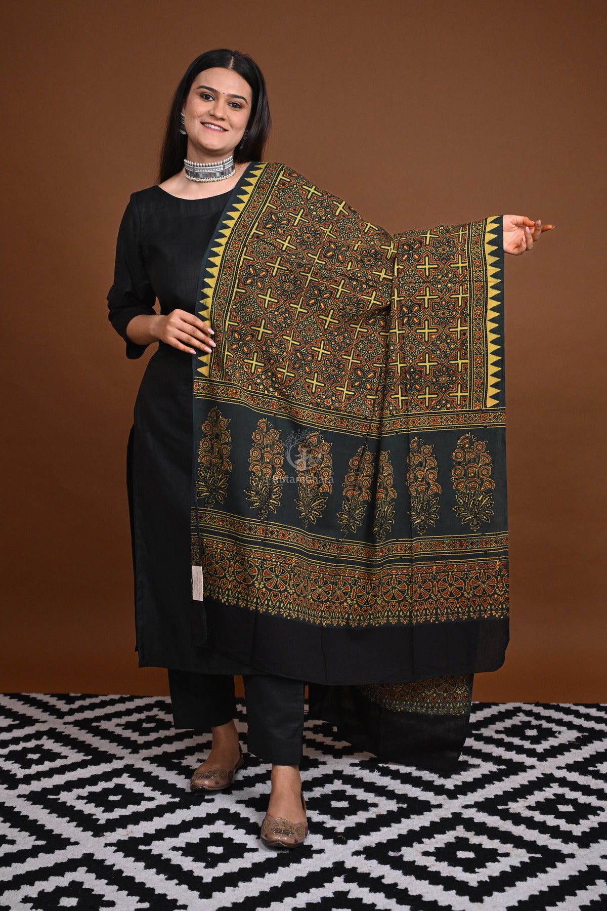 Ushraa - Dark Green Handblock printed  Cotton Ajrakh Dupatta