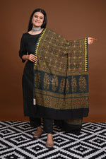 Ushraa - Dark Green Handblock printed Cotton Ajrakh Dupatta-Rutambhara-RUTAMBHARA