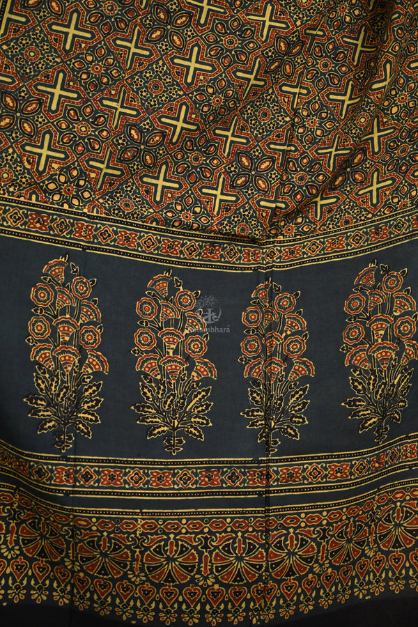 Ushraa - Dark Green Handblock printed Cotton Ajrakh Dupatta-Rutambhara-RUTAMBHARA