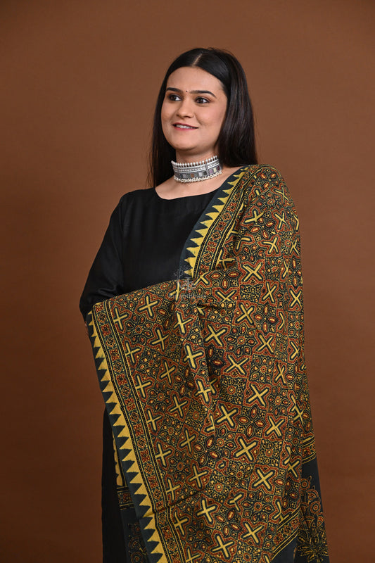 Ushraa - Dark Green Handblock printed  Cotton Ajrakh Dupatta
