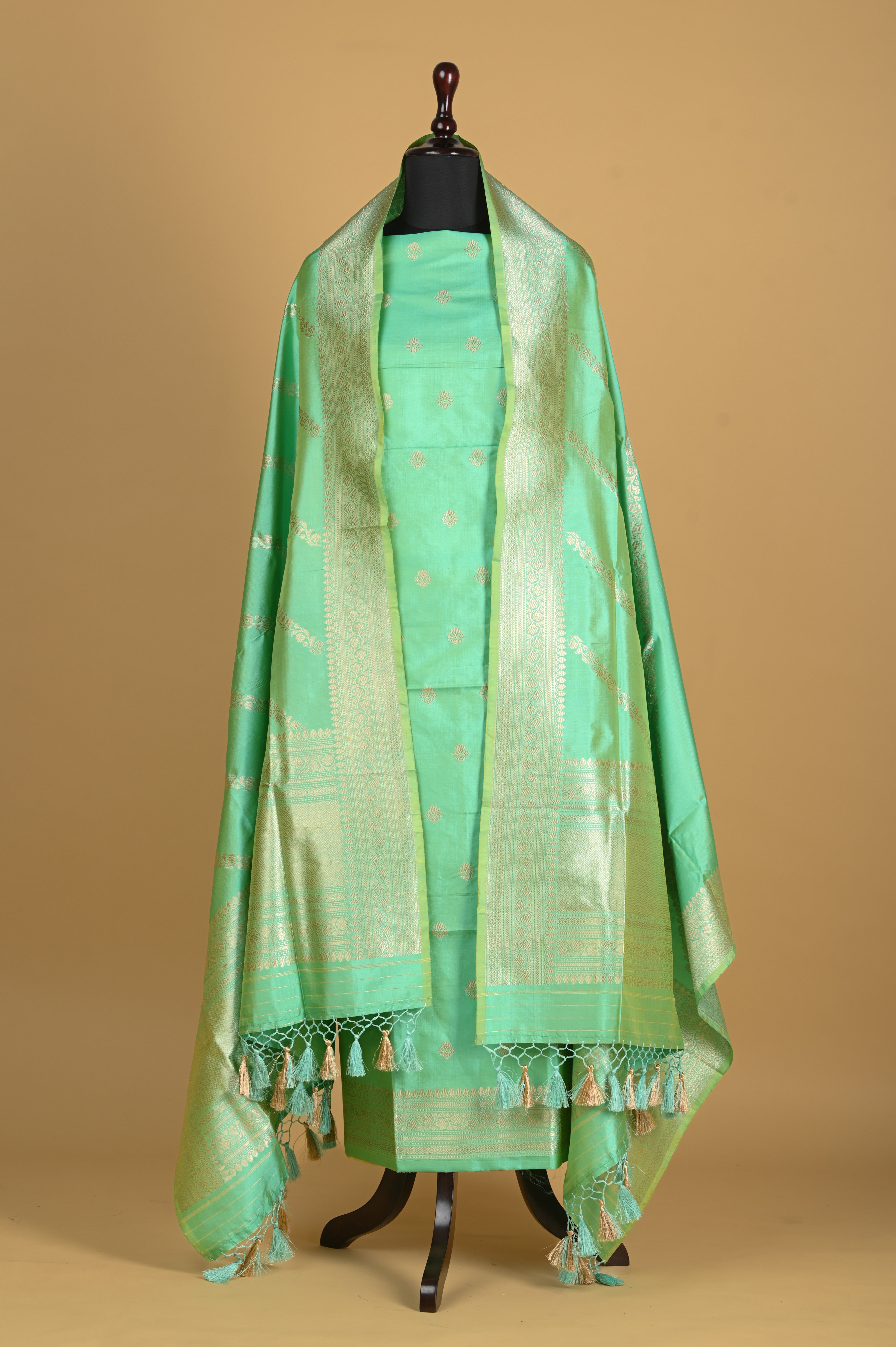 Noushk - Sea Green Handwoven Pure Katan Silk Banarasi Full Suit