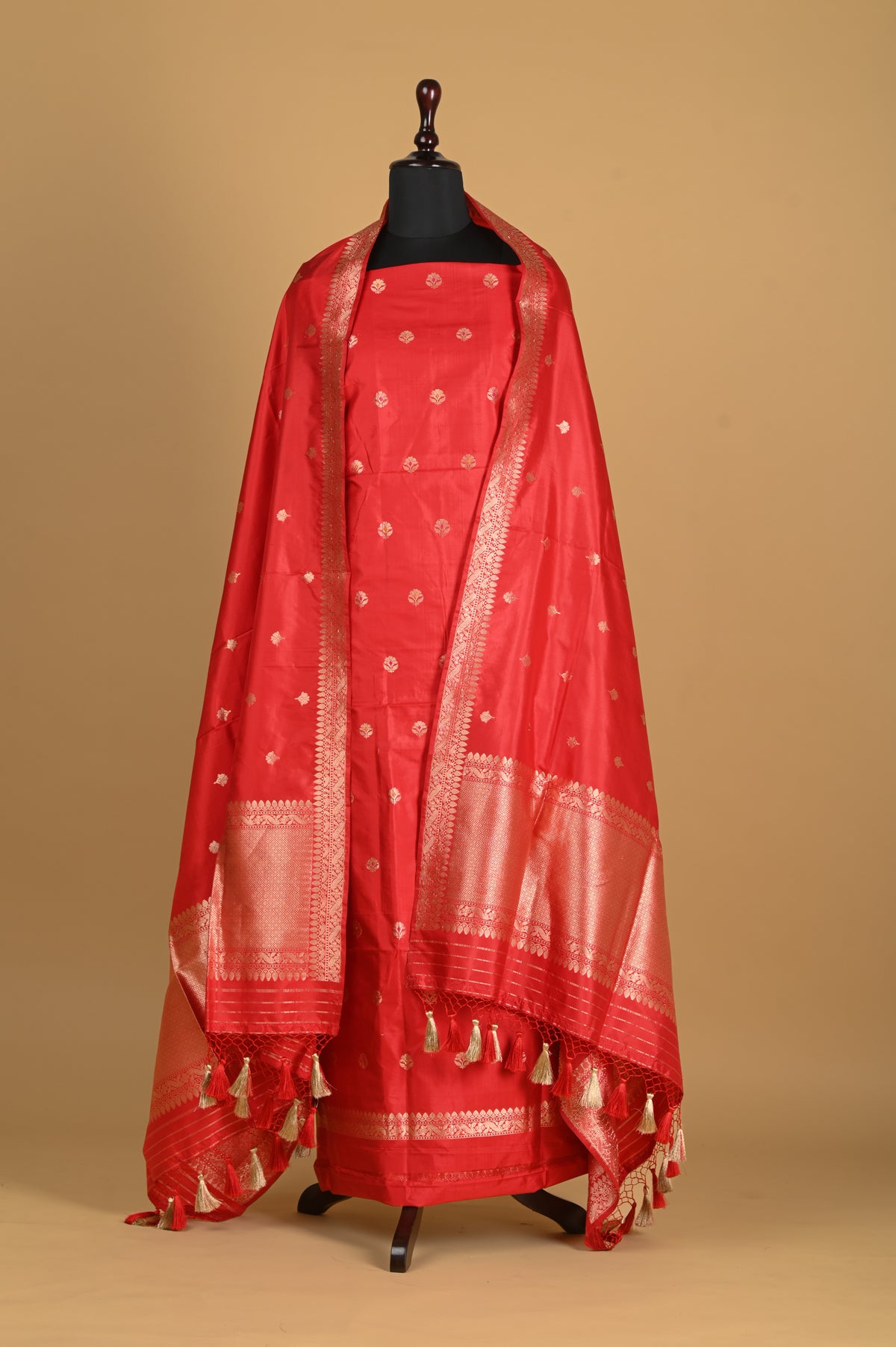 Noushk - Crimson Red Handwoven Pure Katan Silk Banarasi Full Suit