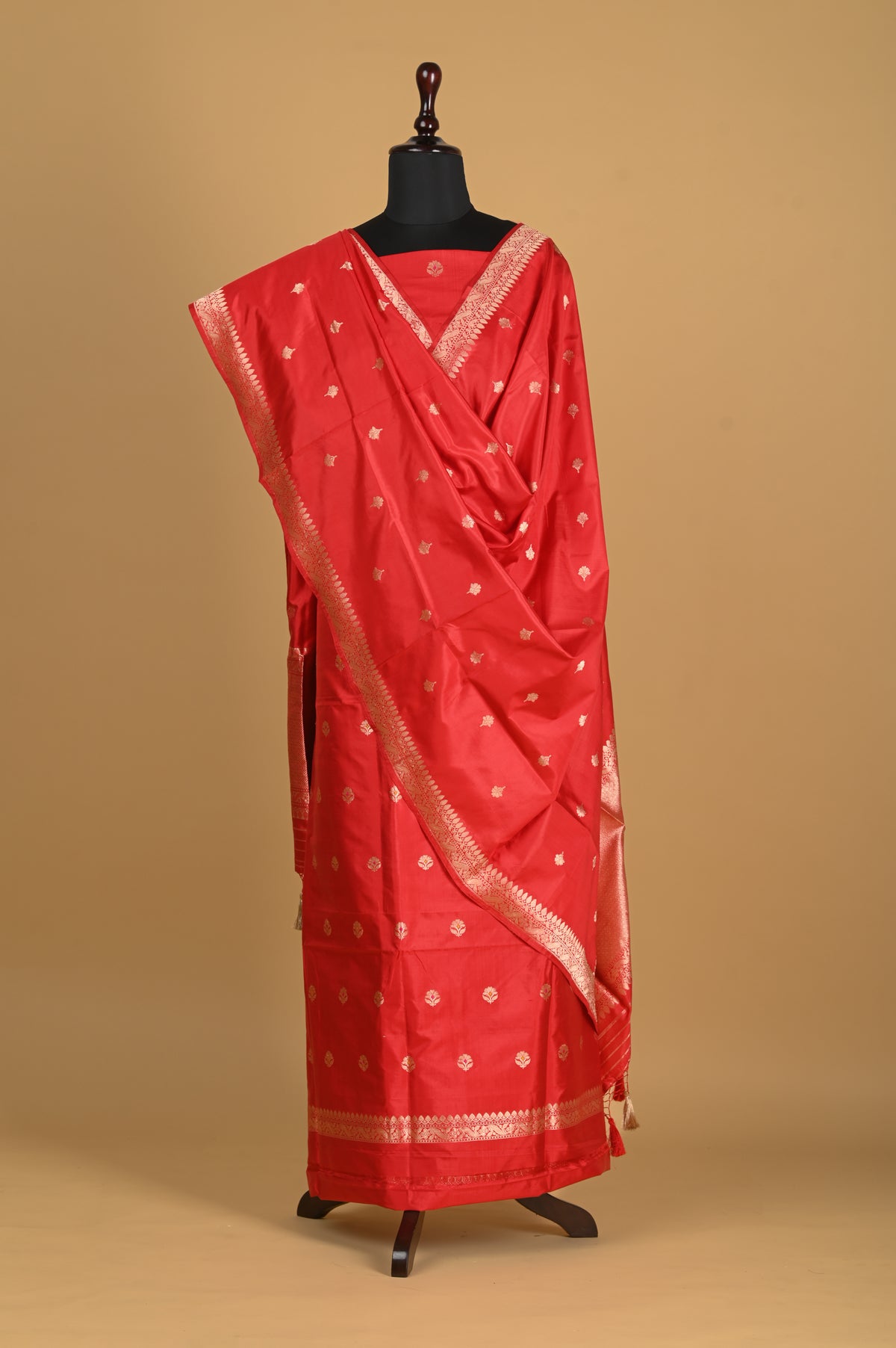 Noushk - Crimson Red Handwoven Pure Katan Silk Banarasi Full Suit