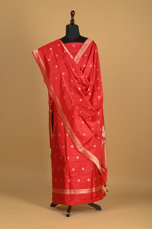 Noushk - Crimson Red Handwoven Pure Katan Silk Banarasi Full Suit