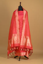 Noushk - Pink shot Orange Handwoven Pure Katan Silk Banarasi Full Suit-Rutambhara-RUTAMBHARA