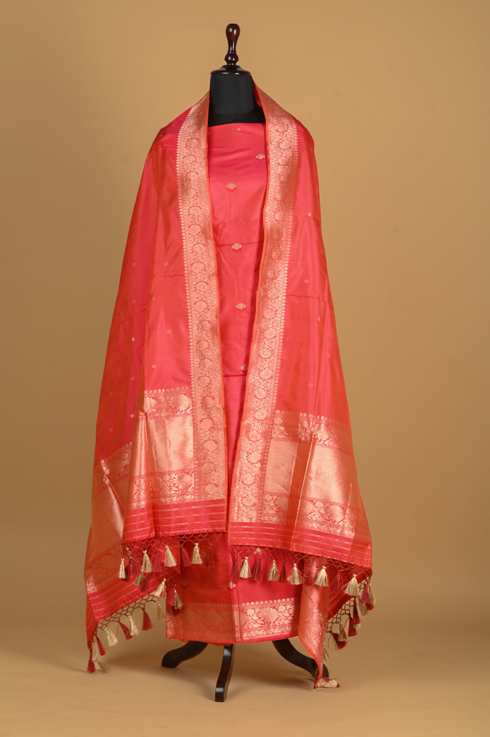 Noushk - Pink shot Orange Handwoven Pure Katan Silk Banarasi Full Suit-Rutambhara-RUTAMBHARA