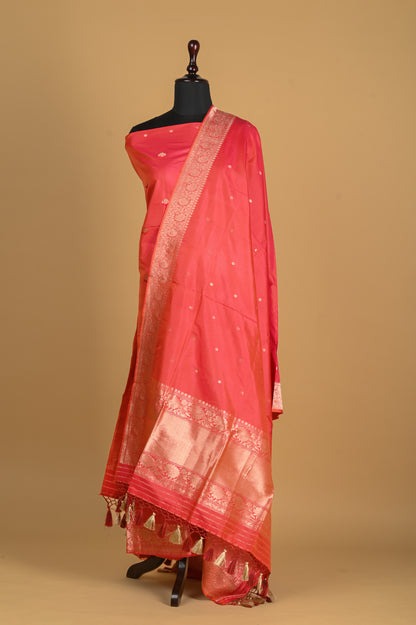 Noushk - Pink shot Orange Handwoven Pure Katan Silk Banarasi Full Suit-Rutambhara-RUTAMBHARA