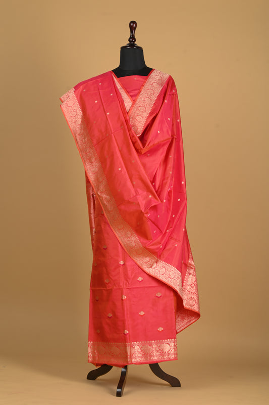 Noushk - Pink shot Orange Handwoven Pure Katan Silk Banarasi Full Suit