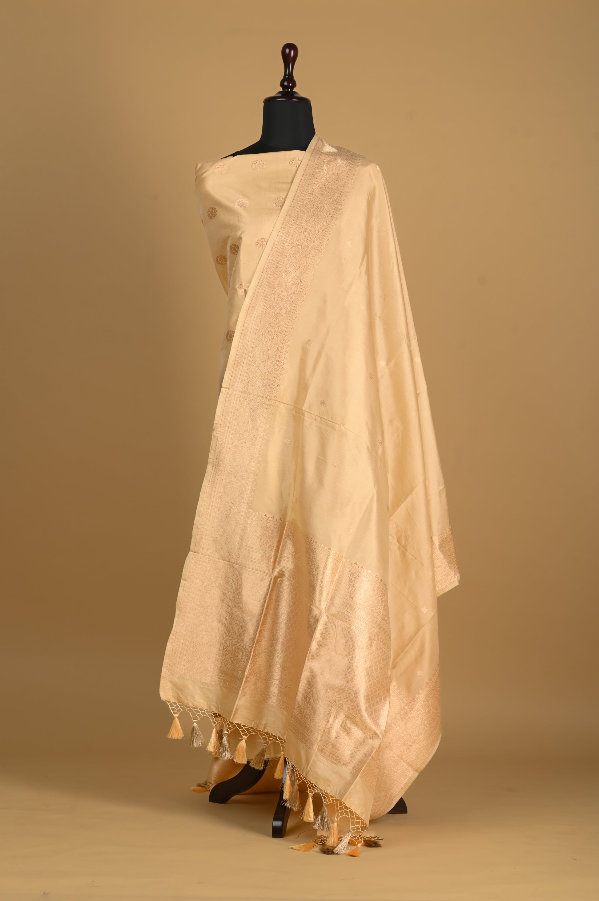 Noushk - Beige gold Handwoven Pure Katan Silk Banarasi Full Suit-Rutambhara-RUTAMBHARA