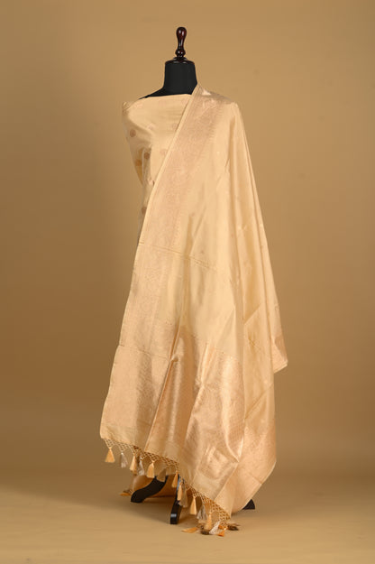Noushk - Beige gold Handwoven Pure Katan Silk Banarasi Full Suit-Rutambhara-RUTAMBHARA