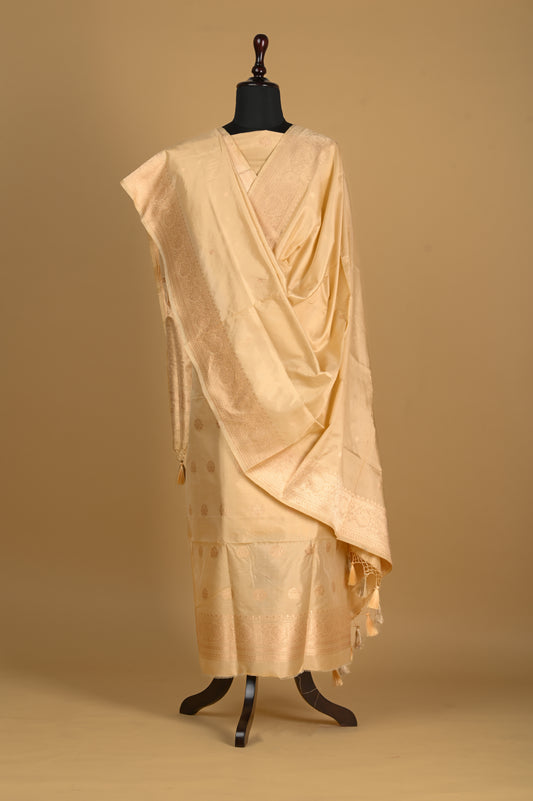 Noushk - Beige gold Handwoven Pure Katan Silk Banarasi Full Suit