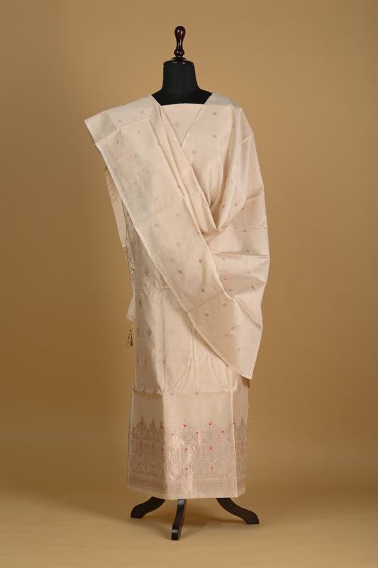 Noushk - Beige Dyeable Handwoven Pure Munga Silk Banarasi Full Suit