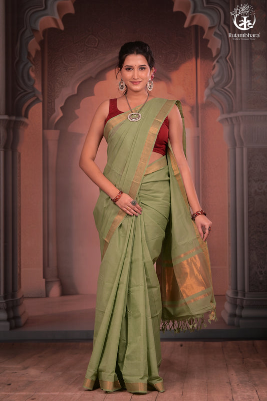 BHADRA - Elegant Pastel green Pure Cotton Saree with Gold Border and Kalamkari Blouse