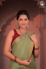 BHADRA - Elegant Pastel green Pure Cotton Saree with Gold Border and Kalamkari Blouse-RUTAMBHARA-RUTAMBHARA