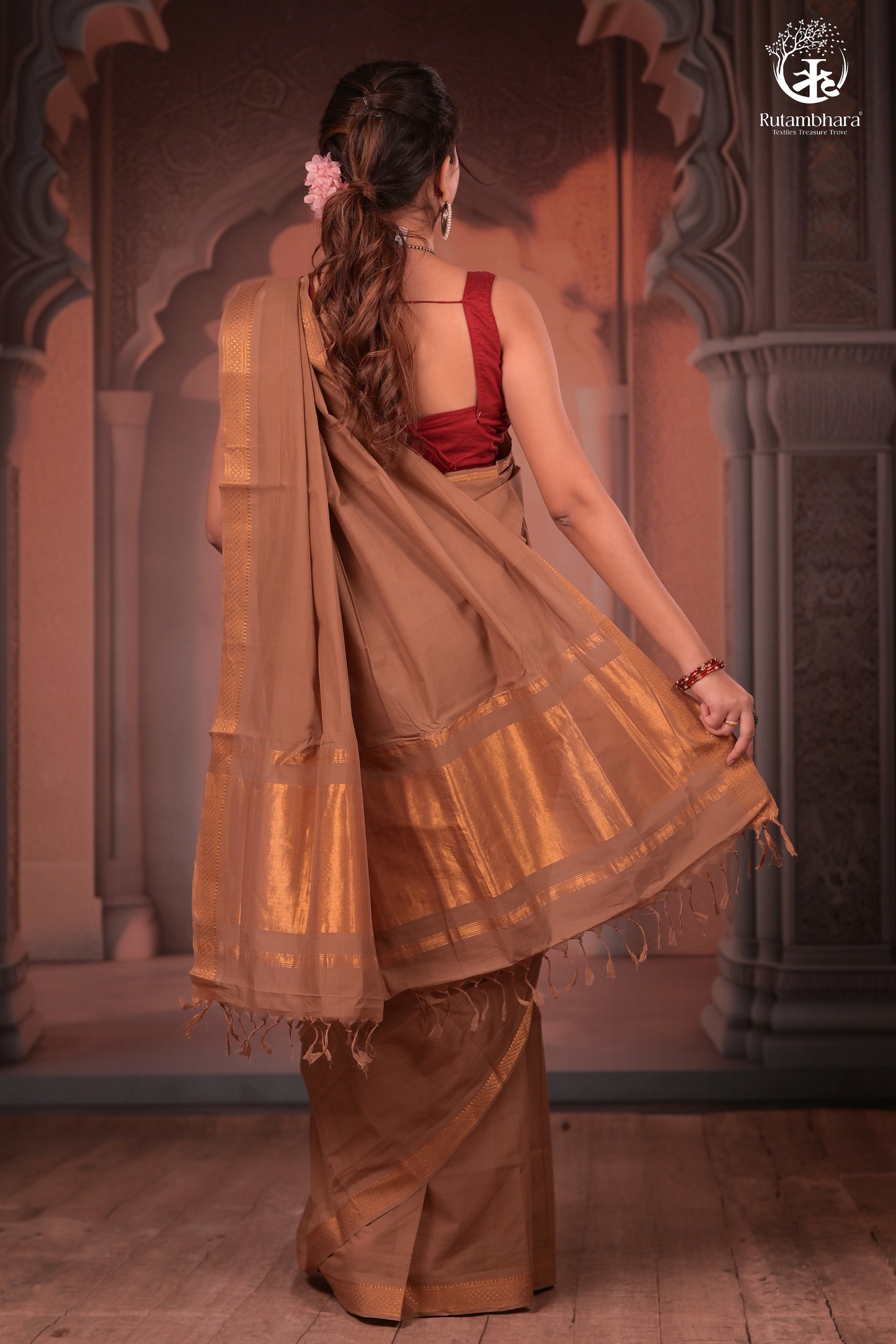 BHADRA - Elegant Earthy Brown Pure Cotton Saree with Gold Border and Kalamkari Blouse