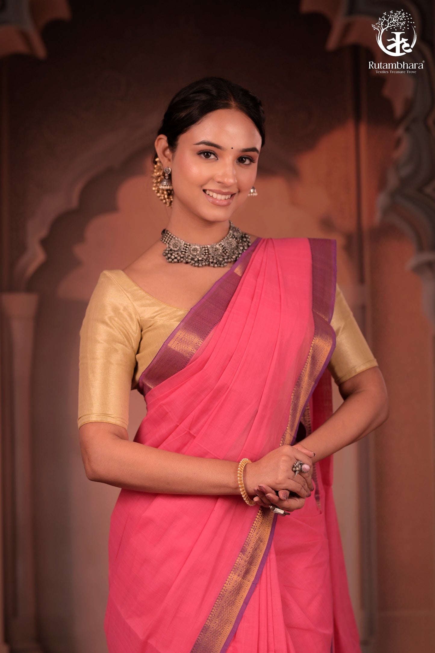 Bhadra - Elegant Pink Pure Cotton Saree with Zari Border and Kalamkari Blouse Piece