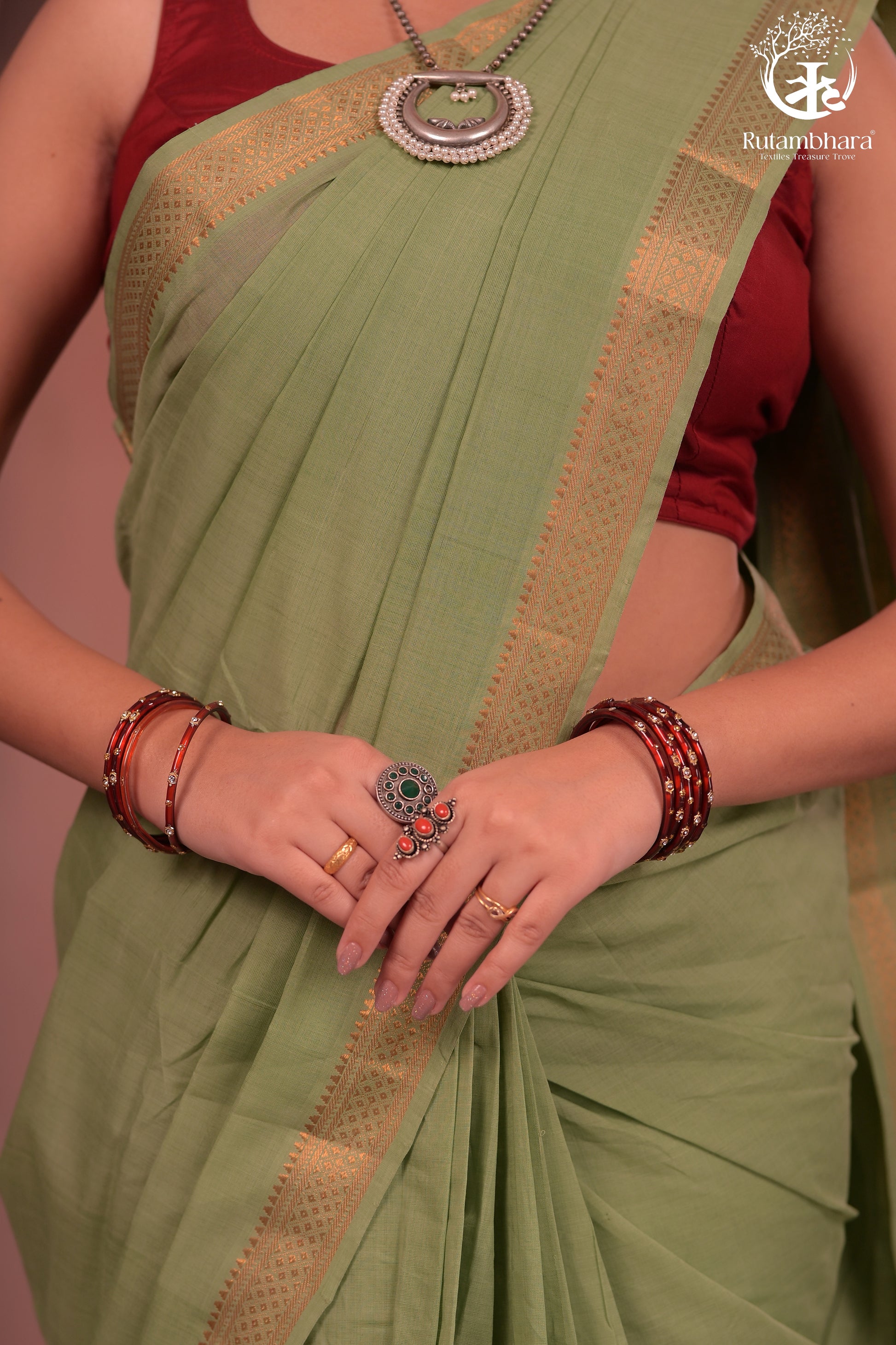 BHADRA - Elegant Pastel green Pure Cotton Saree with Gold Border and Kalamkari Blouse-RUTAMBHARA-RUTAMBHARA