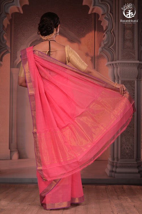 BHADRA - Elegant Pink Pure Cotton Saree with Zari Border and Kalamkari Blouse Piece