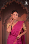 Bhadra - Elegant Magenta Pure Cotton Saree with Zari Border and Kalamkari Blouse Piece