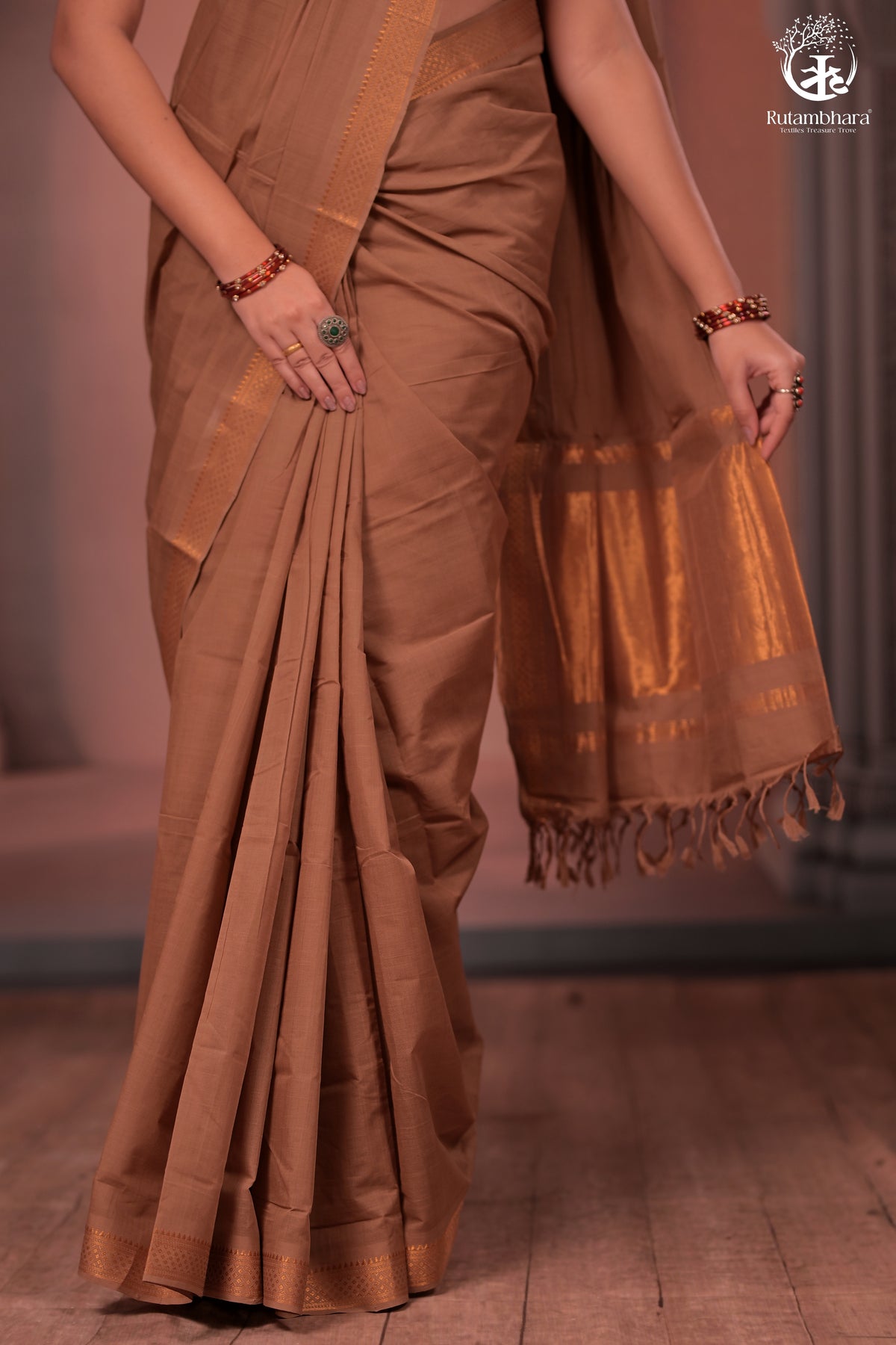 BHADRA - Elegant Earthy Brown Pure Cotton Saree with Gold Border and Kalamkari Blouse