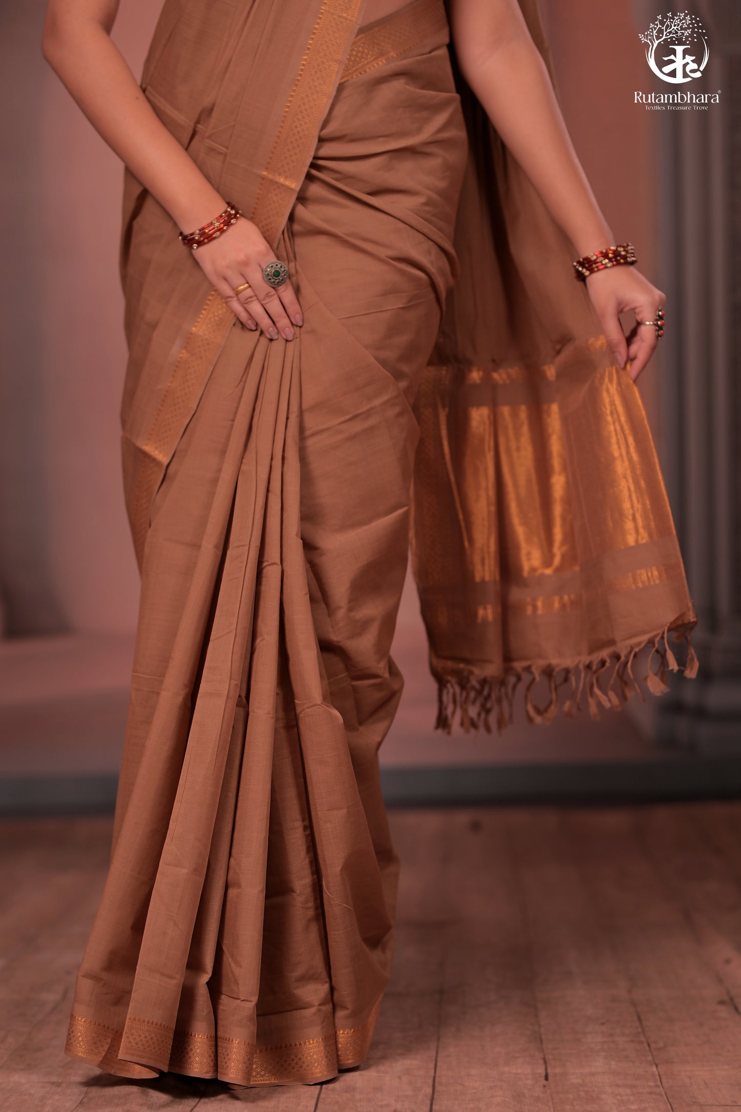 BHADRA - Elegant Earthy Brown Pure Cotton Saree with Gold Border and Kalamkari Blouse