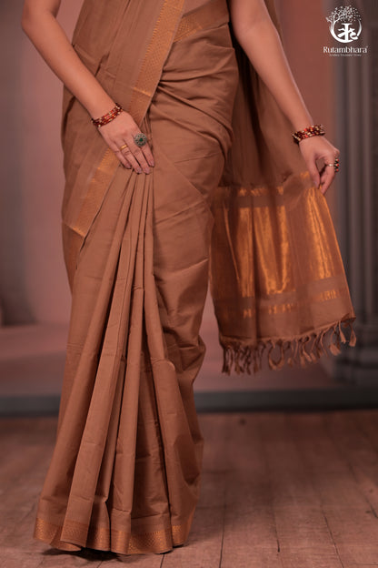 BHADRA - Elegant Earthy Brown Pure Cotton Saree with Gold Border and Kalamkari Blouse-RUTAMBHARA-RUTAMBHARA