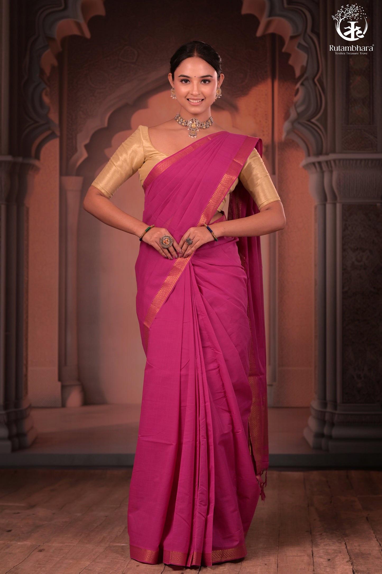 Bhadra - Elegant Magenta Pure Cotton Saree with Zari Border and Kalamkari Blouse Piece