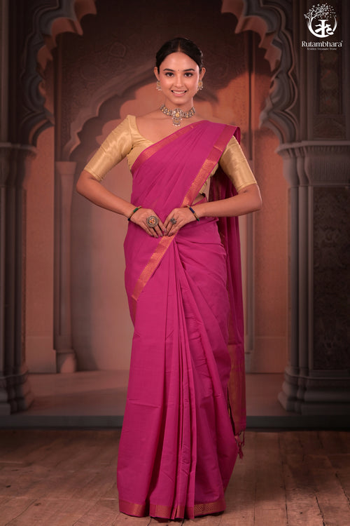BHADRA - Elegant Magenta Pure Cotton Saree with Zari Border and Kalamkari Blouse Piece