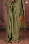 BHADRA - Elegant Pastel green Pure Cotton Saree with Gold Border and Kalamkari Blouse