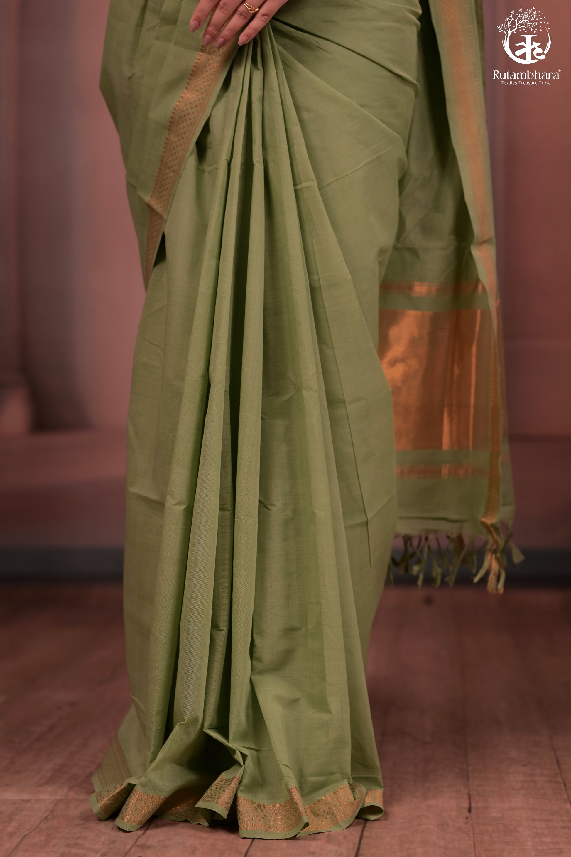 Green saree with a blurred background
