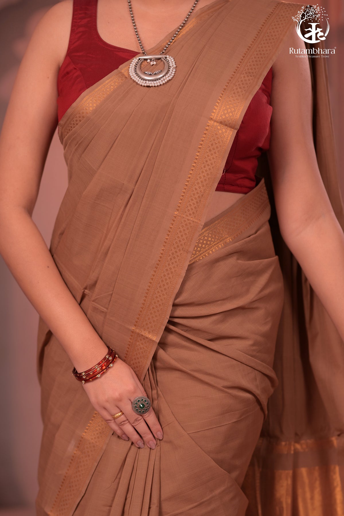BHADRA - Elegant Earthy Brown Pure Cotton Saree with Gold Border and Kalamkari Blouse