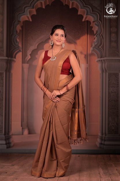 BHADRA - Elegant Earthy Brown Pure Cotton Saree with Gold Border and Kalamkari Blouse-RUTAMBHARA-RUTAMBHARA