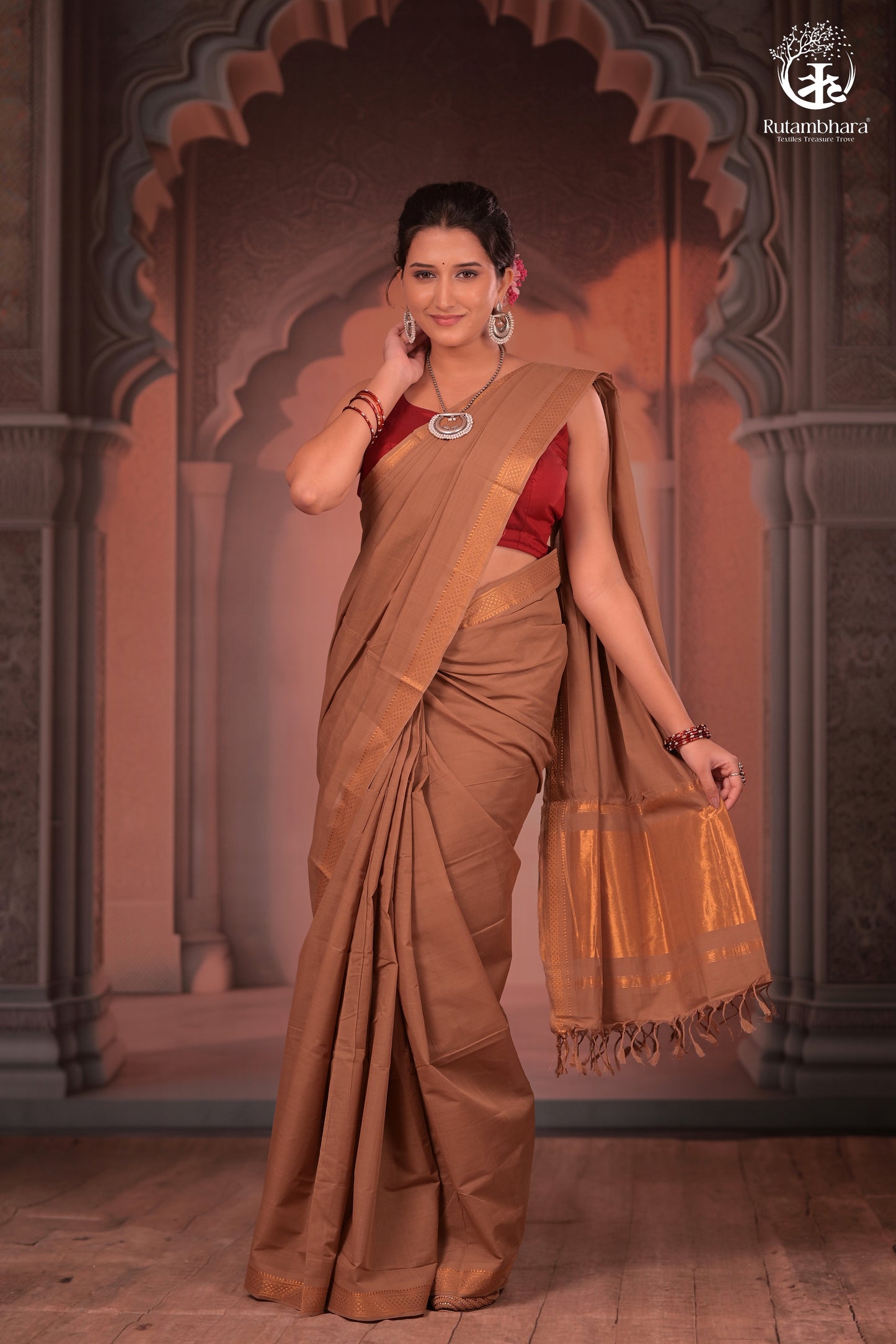 BHADRA - Elegant Earthy Brown Pure Cotton Saree with Gold Border and Kalamkari Blouse