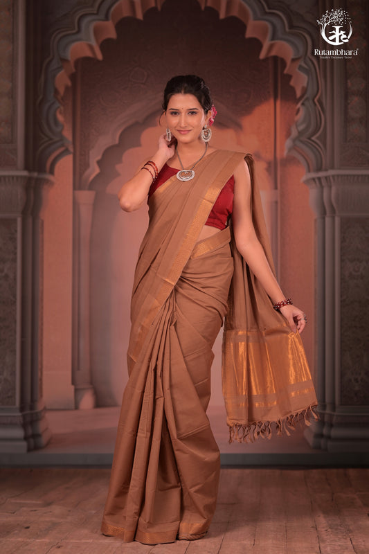 BHADRA - Elegant Earthy Brown Pure Cotton Saree with Gold Border and Kalamkari Blouse