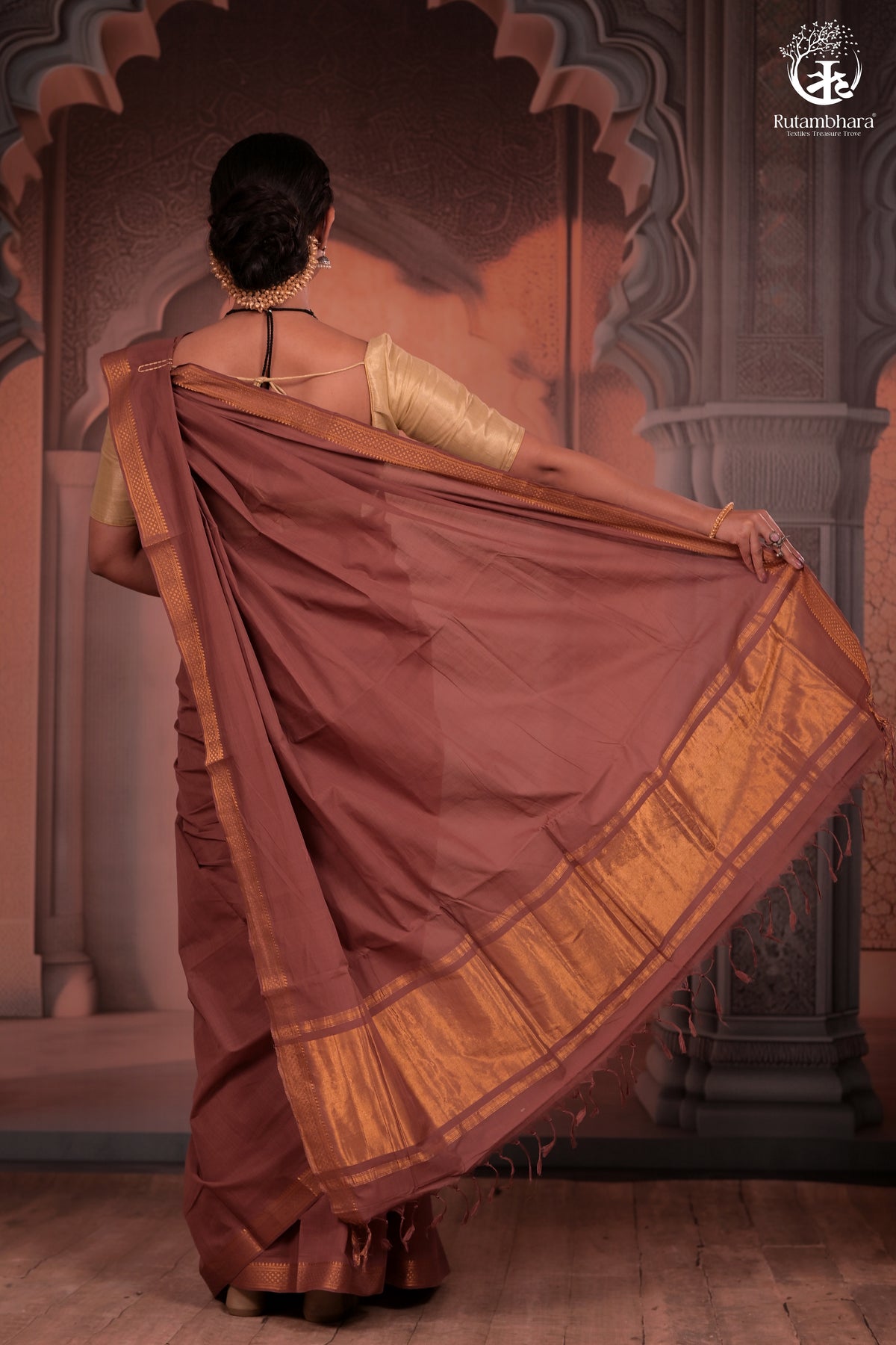 BHADRA - Artisanal Rose Gold Pure Cotton Saree with Gold Border and Kalamkari Blouse