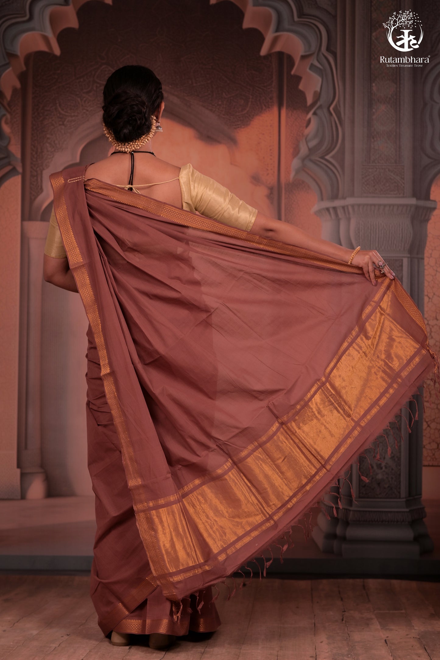 BHADRA - Artisanal Rose Gold Pure Cotton Saree with Gold Border and Kalamkari Blouse