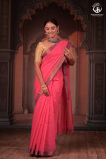 Bhadra - Elegant Pink Pure Cotton Saree with Zari Border and Kalamkari Blouse Piece-RUTAMBHARA -RUTAMBHARA