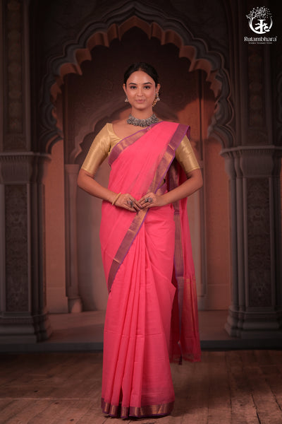 Bhadra - Elegant Pink Pure Cotton Saree with Zari Border and Kalamkari Blouse Piece-RUTAMBHARA -RUTAMBHARA