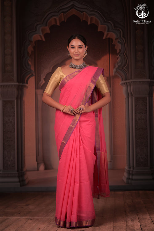 BHADRA - Elegant Pink Pure Cotton Saree with Zari Border and Kalamkari Blouse Piece