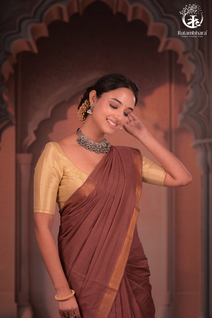 BHADRA - Artisanal Rose Gold Pure Cotton Saree with Gold Border and Kalamkari Blouse-RUTAMBHARA-RUTAMBHARA