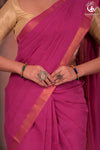 Bhadra - Elegant Magenta Pure Cotton Saree with Zari Border and Kalamkari Blouse Piece